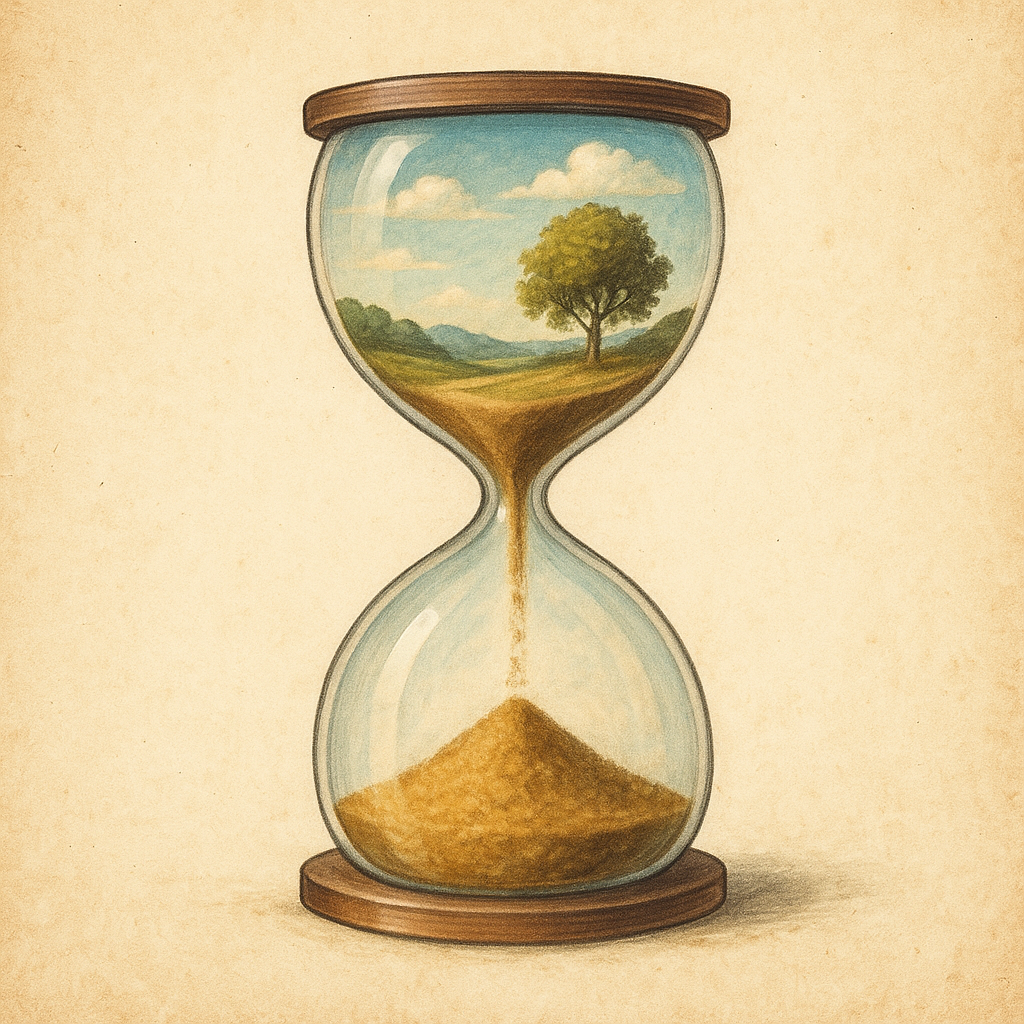 Gezeichnete Sanduhr vor hellbraunem Hintergrund. In der oberen Hälfte befindet sich eine Landschaft mit einem Berg und einem Baum, die durch die Sanduhr rinnt. In der unteren Hälfte befindet sich nur ein Häufchen Sand.