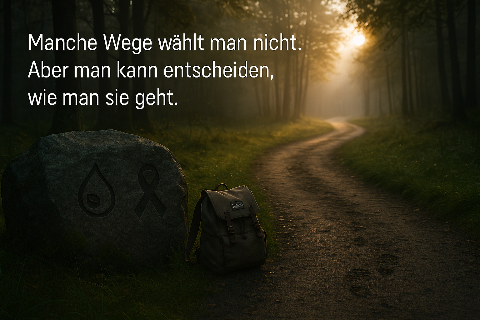 Dunkler Waldweg mit untergehender Sonne. Links ein Felsen mit den Symbolen für Diabetes (Bluttropen) und Krebs (Schwarze Schleife), daneben steht ein gepackter Wanderrucksack