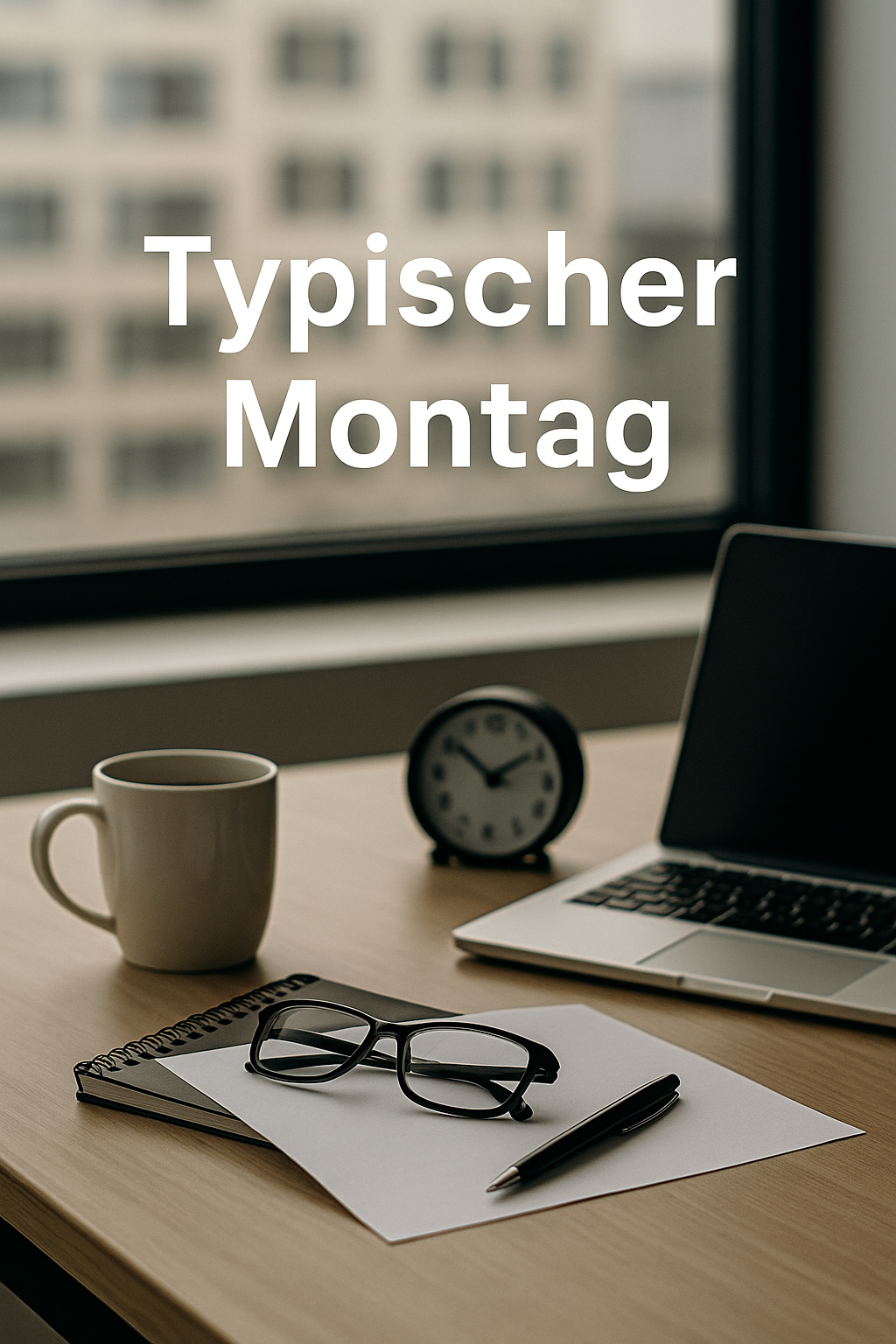 Typischer Montag im Büro – Schreibtisch mit Kaffee und Laptop Minimalistischer Büro-Schreibtisch an einem Montagmorgen mit Laptop, Kaffeetasse und Notizbuch – Symbol für einen typischen Arbeitsstart