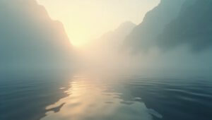 Stimmungsvolle Landschaft mit Sonnenaufgang über nebligen Bergen und ruhiger Wasseroberfläche – Symbol für Gedanken und Reflexionen