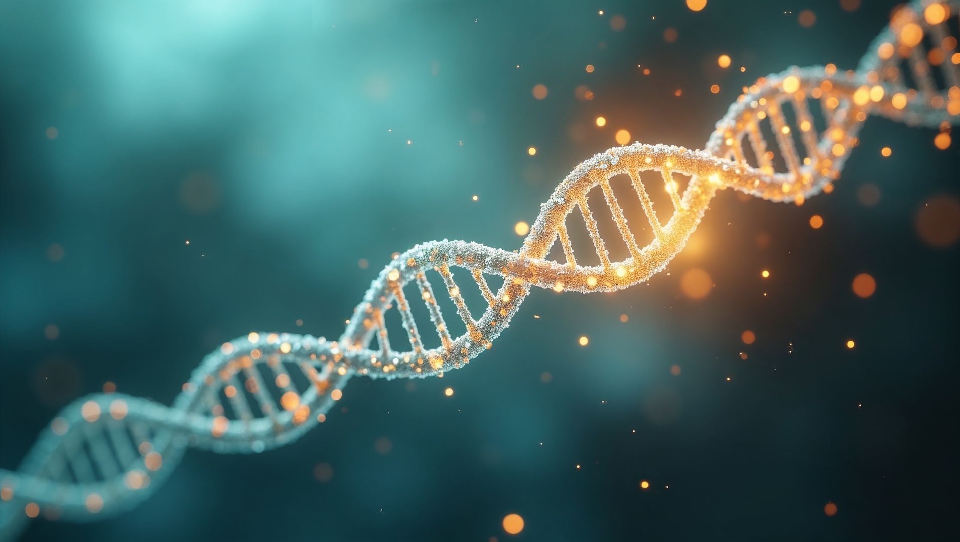 Fotorealistische Darstellung einer leuchtenden DNA-Helix mit goldenen Lichtakzenten auf blauem Hintergrund, symbolisch für Krankheiten, Medizin und Hoffnung.