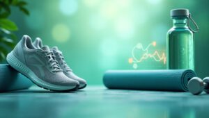 Sport- und Gesundheits-Symbolbild mit Sportschuhen, Yogamatte, Wasserflasche und Hantel vor grünem Hintergrund.