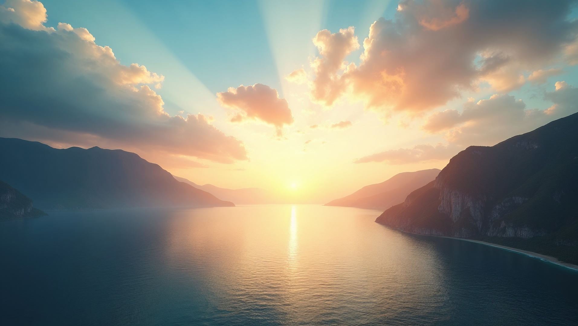 Sonnenuntergang über einem ruhigen Meer mit Bergen im Hintergrund – Symbol für Reisen, Freiheit und erholsame Auszeiten.