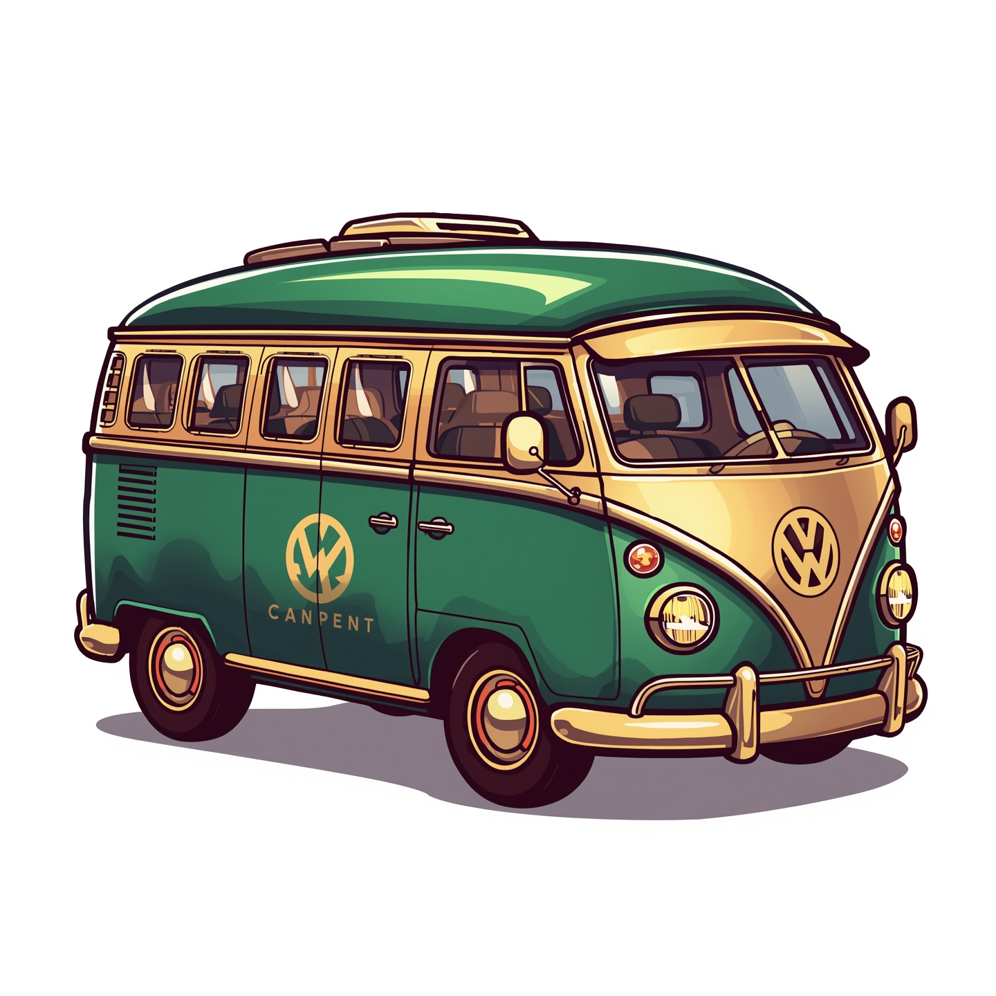 Cartoon-Illustration eines VW Camper Vans im Mr.-Stepfine-Corporate-Design, grün-gold lackiert, mit Branding auf der Seite.