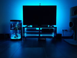 Modern eingerichtetes Wohnzimmer mit LED-beleuchtetem Fernseher und Minibar – Symbol für kreative Projekte, neue Ideen und technisches Flair.