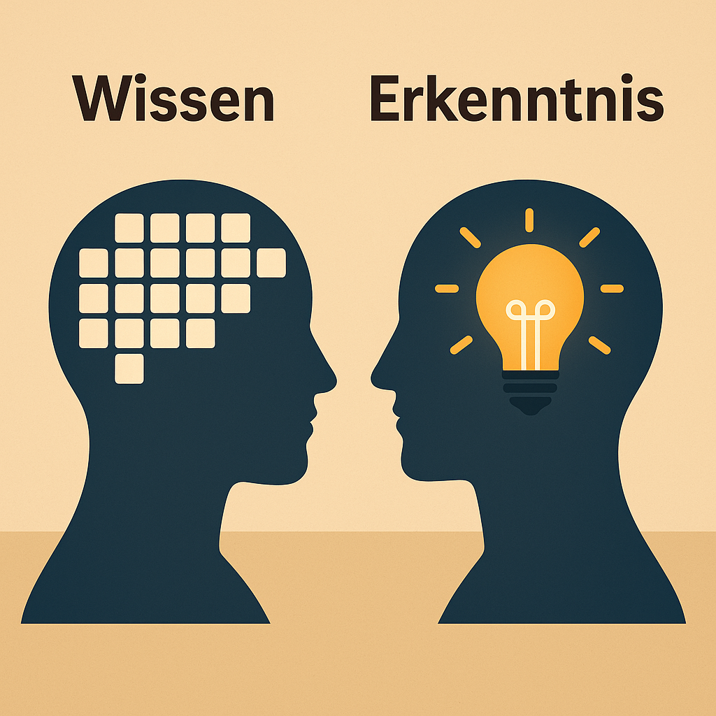 Wissen vs. Erkenntnis – vom Fakt zur inneren Klarheit Illustration mit stilisierten Symbolen für Wissen (Bücher, Glühbirne) und Erkenntnis (menschliches Profil, Aha-Moment). Metaphorische Darstellung, wie Wissen durch Erfahrung zu Erkenntnis wird.