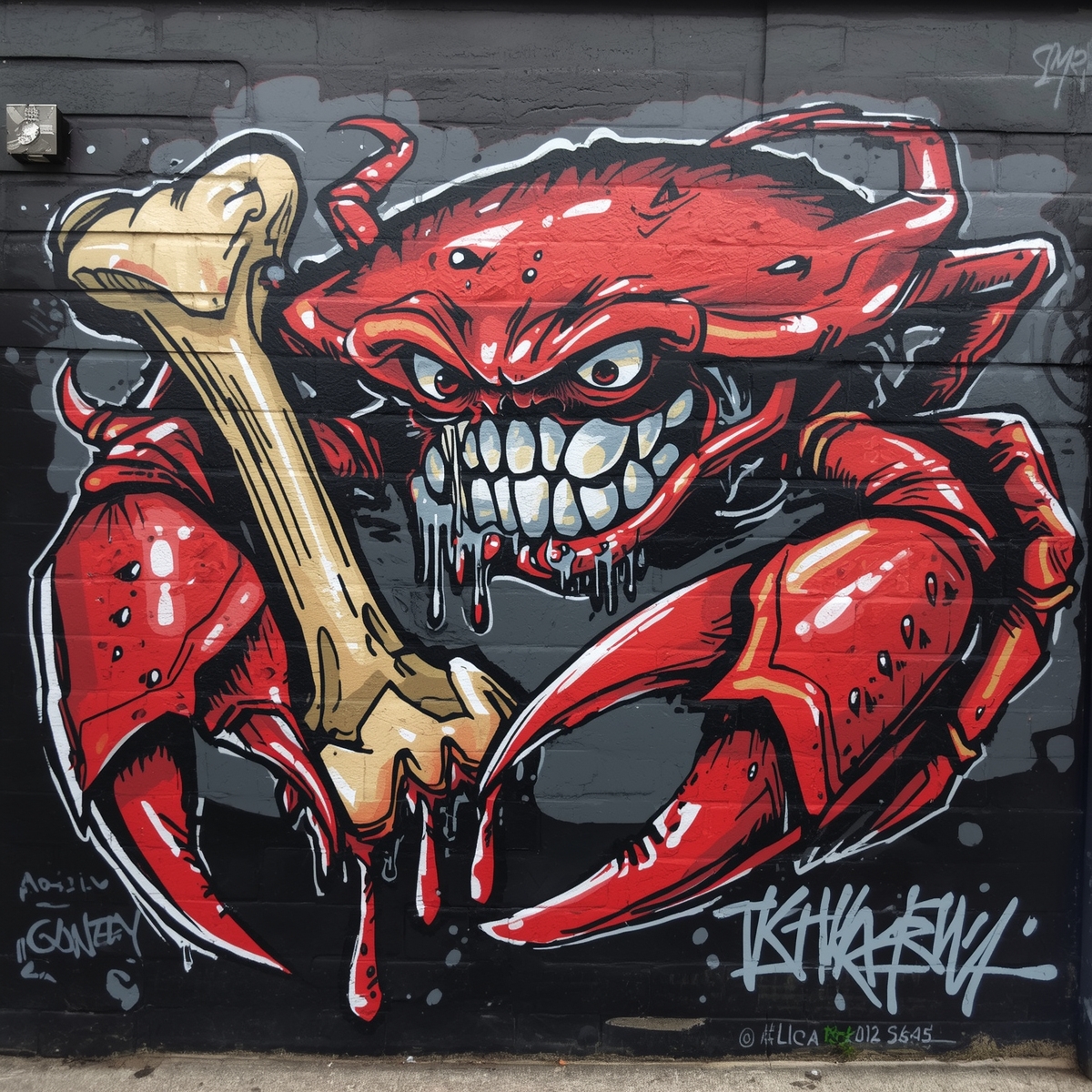Graffiti eines aggressiv blickenden roten Krebses mit gebleckten Zähnen, der einen Knochen hält – Symbol für den inneren Kampf und Überlebenswillen.