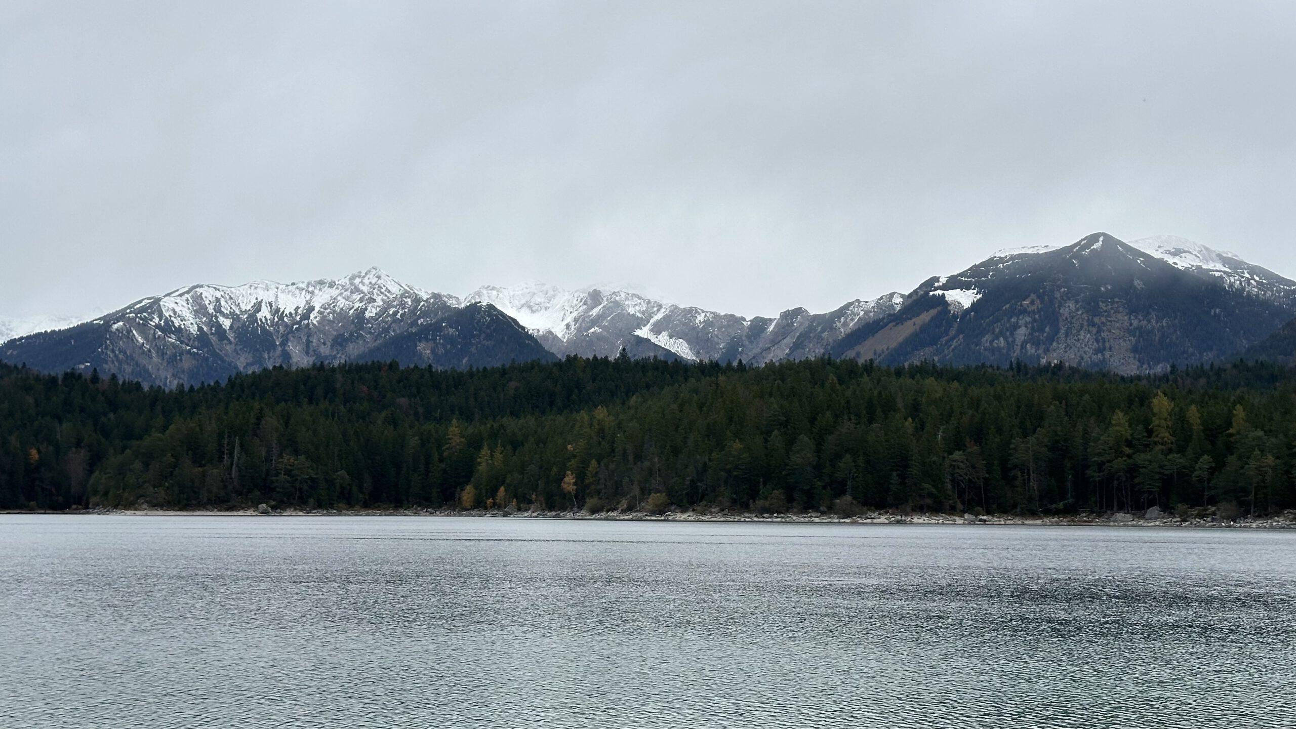 Blick über den Eibsee bei Garmisch-Partenkirchen auf schneebedeckte Alpen im Herbst, stilles Wasser und dichter Nadelwald unter grauem Himmel.