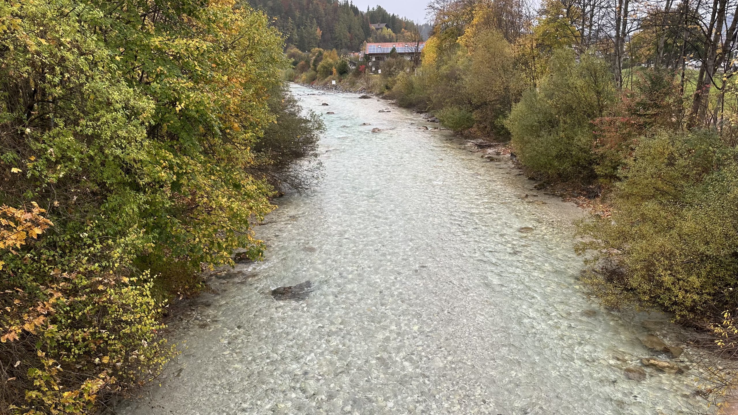 Klarer Flusslauf der Isar in Mittenwald, umgeben von herbstlich gefärbten Bäumen und sanften Hügeln.