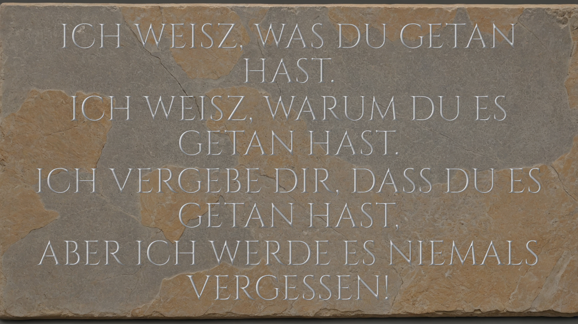 Fotorealistische antike Steintafel mit eingemeißelter Inschrift: „Ich weiß, was du getan hast. Ich weiß, warum du es getan hast. Ich vergebe dir, dass du es getan hast, aber ich werde es niemals vergessen.“ Symbolbild für Vergebung, Erkenntnis und menschliche Wahrheit.