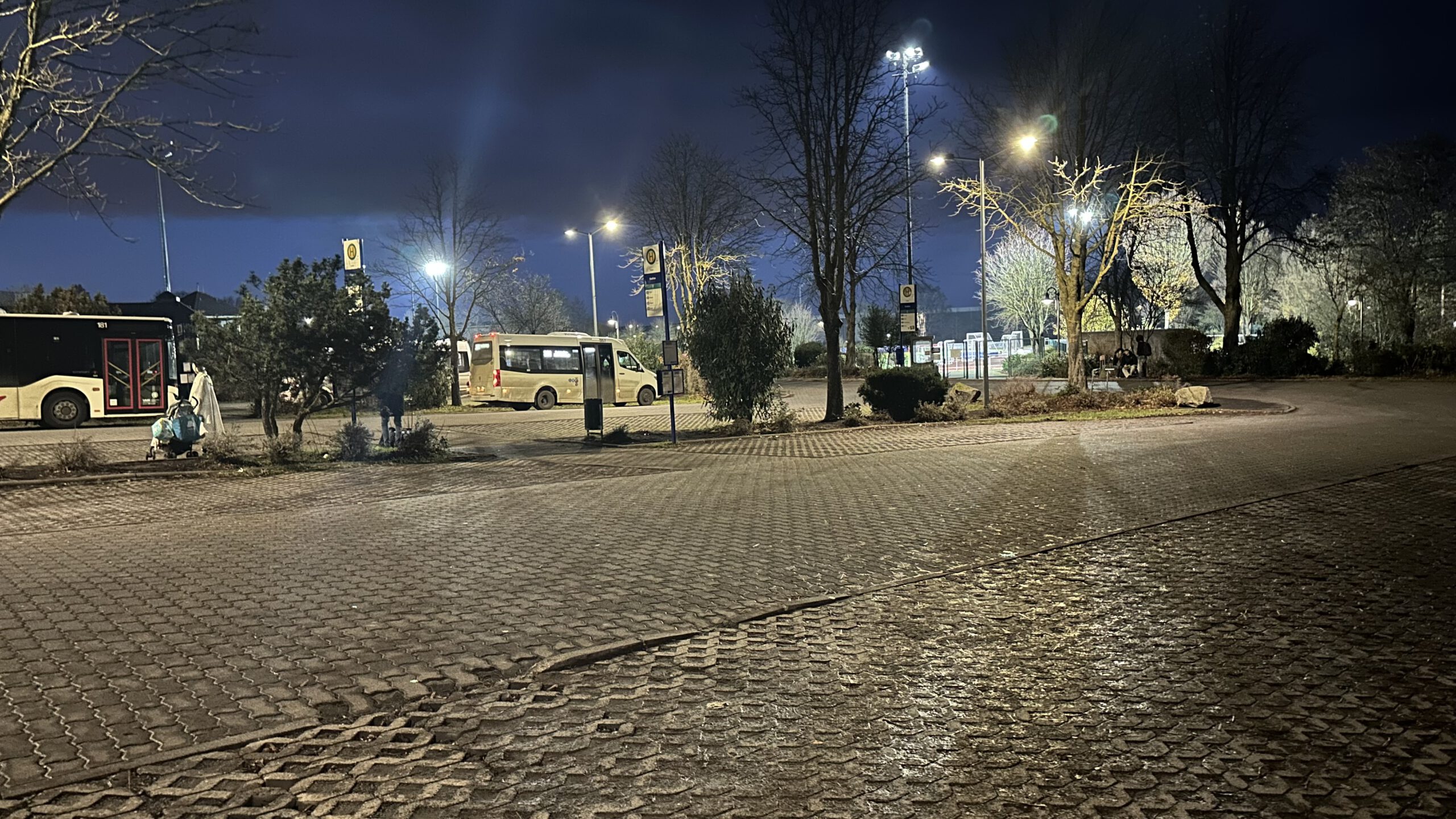 Busbahnhof in Polch im Dunkeln, beleuchtet von Straßenlaternen, mit mehreren geparkten Bussen, kahlen Bäumen und frostigem Boden an einem frühen Wintermorgen.